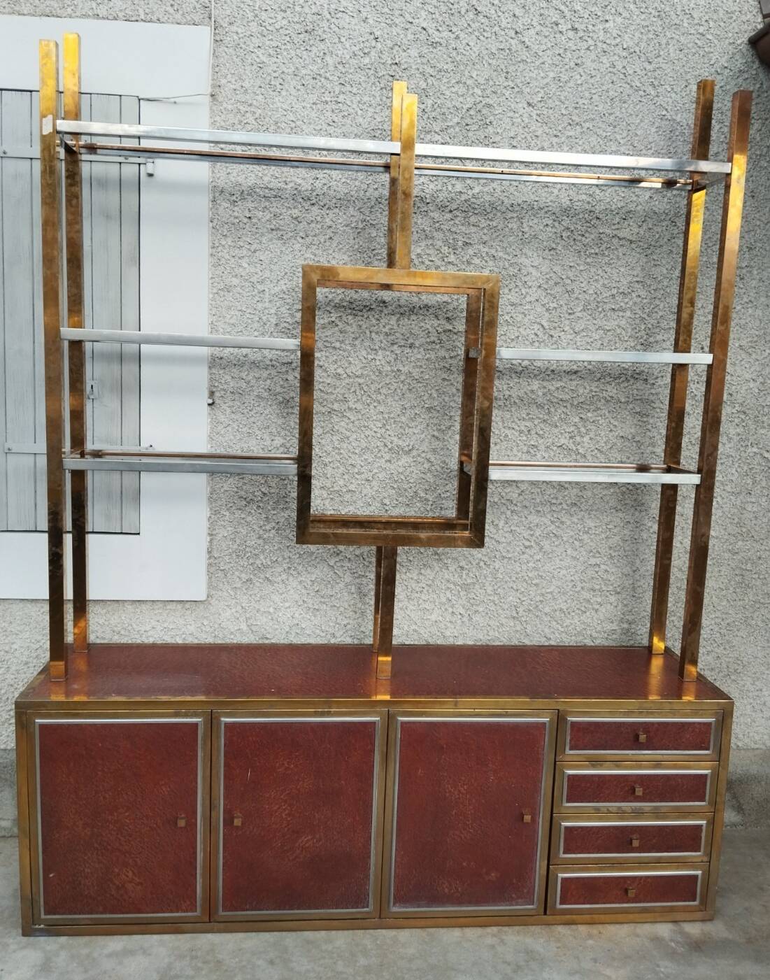 Sideboard shelf design 70 Michel Pignères amboyna burl chrome brass