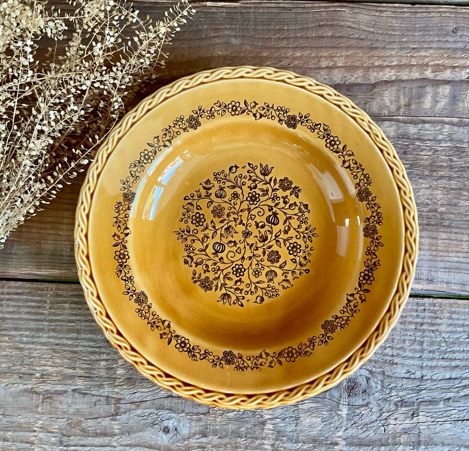 4 vintage amber ceramic soup plates