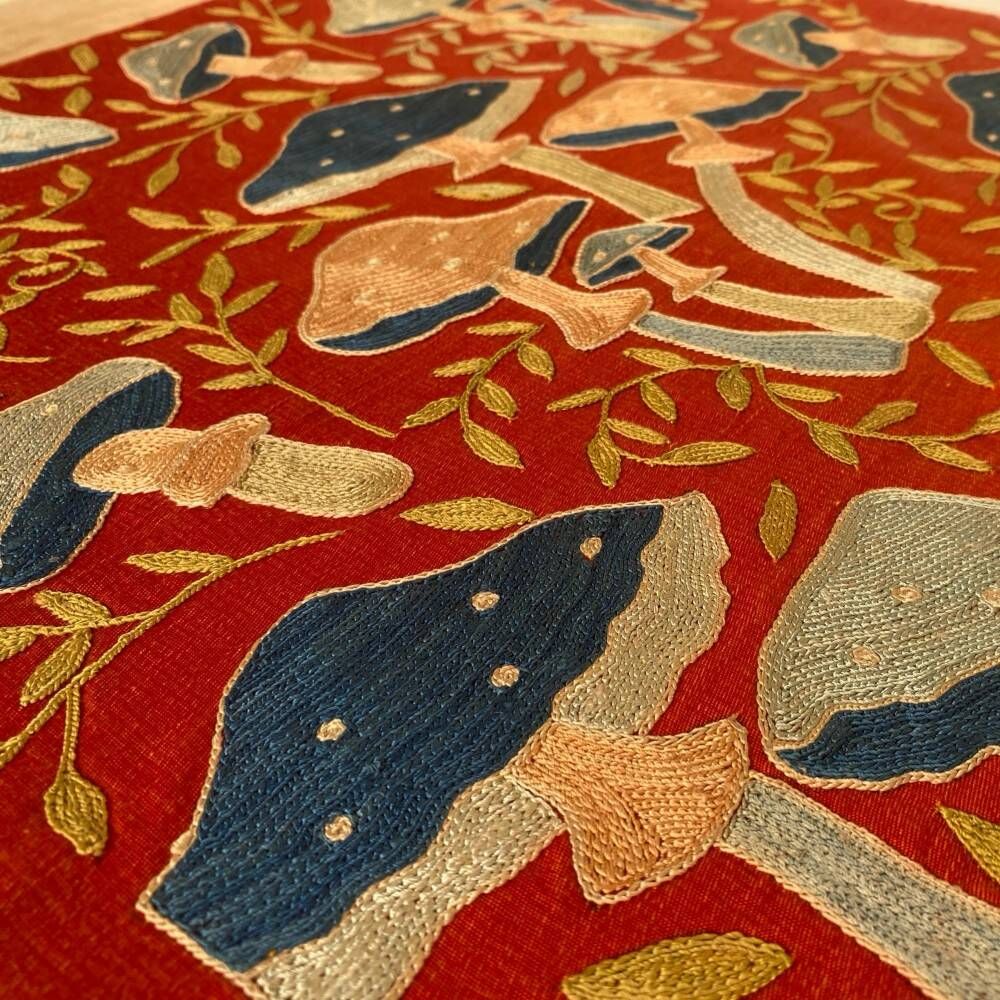 Silk Embroidered Mushroom Pattern Cushion Cover. Red Suzani Throw Pillow Case. Traditional Accent Pillow
