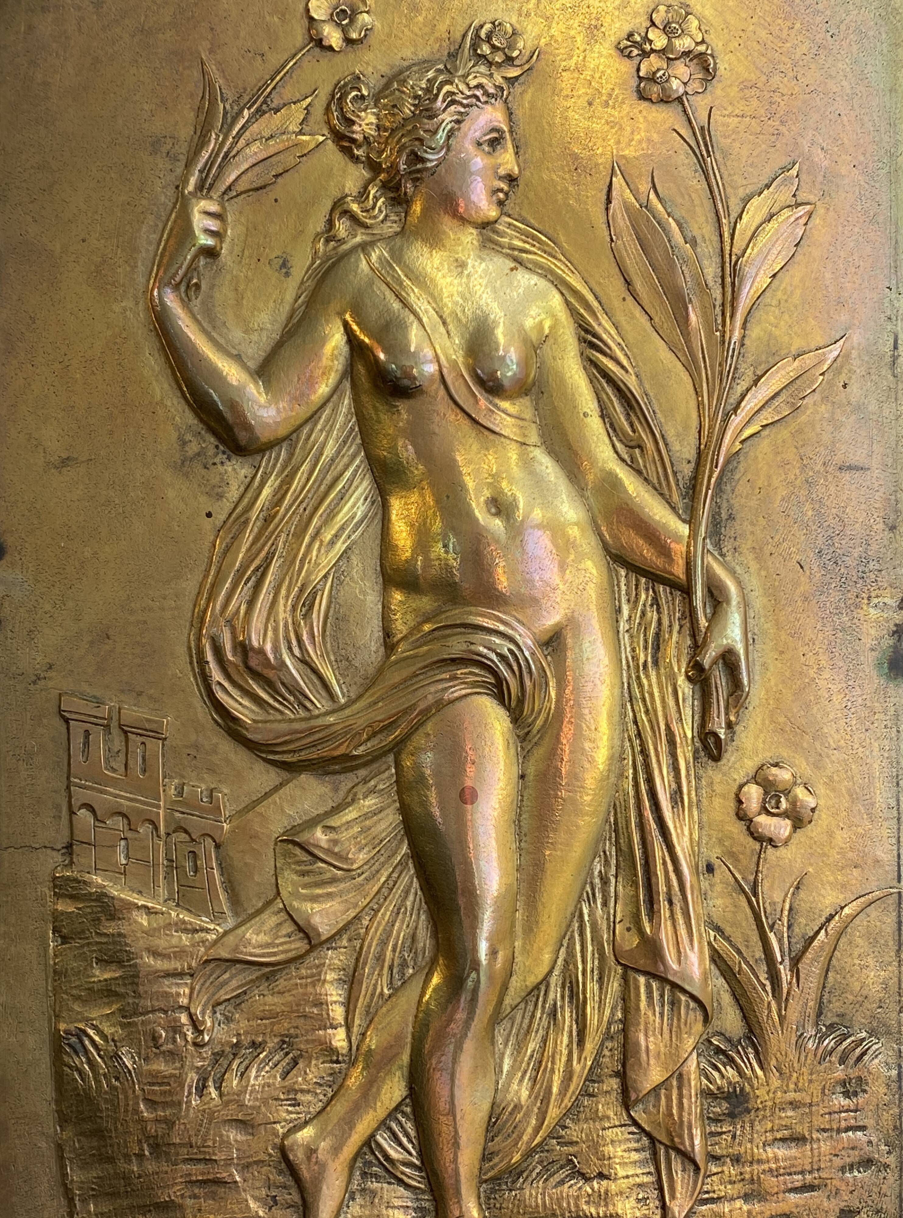 Pair of bronze bas-reliefs on the theme of the 4 seasons, spring and summer