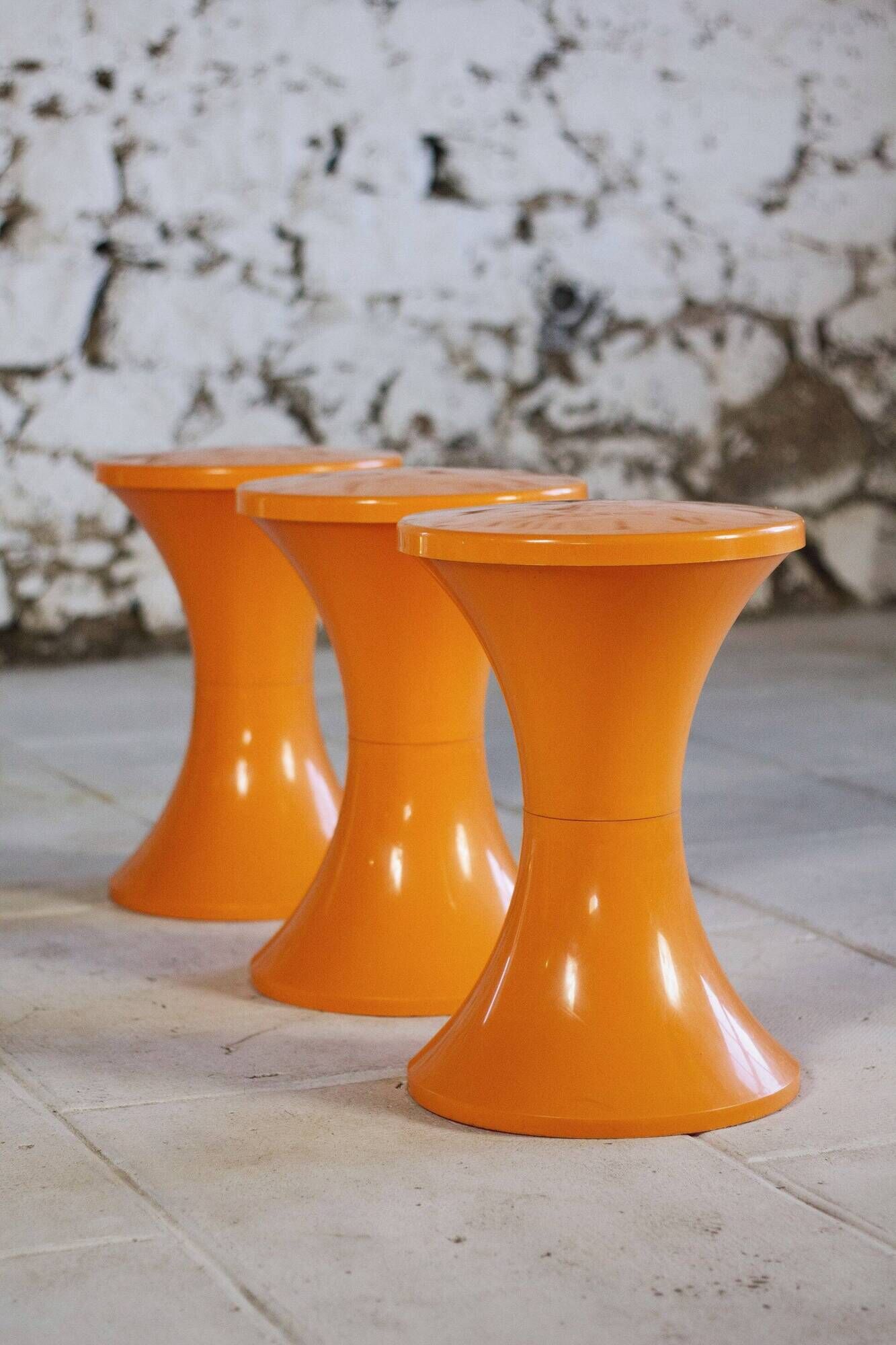 Set of 3 Tam Tam stools in orange by Henri Massonnet for Stamp, 1970.