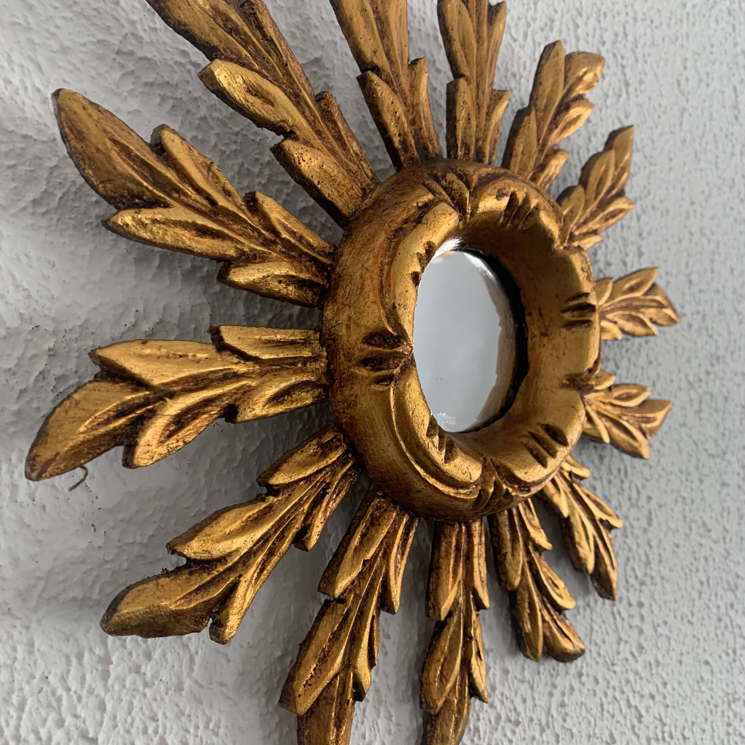 Vintage 1960 sun mirror carved wood gold leaf - 27 cm
