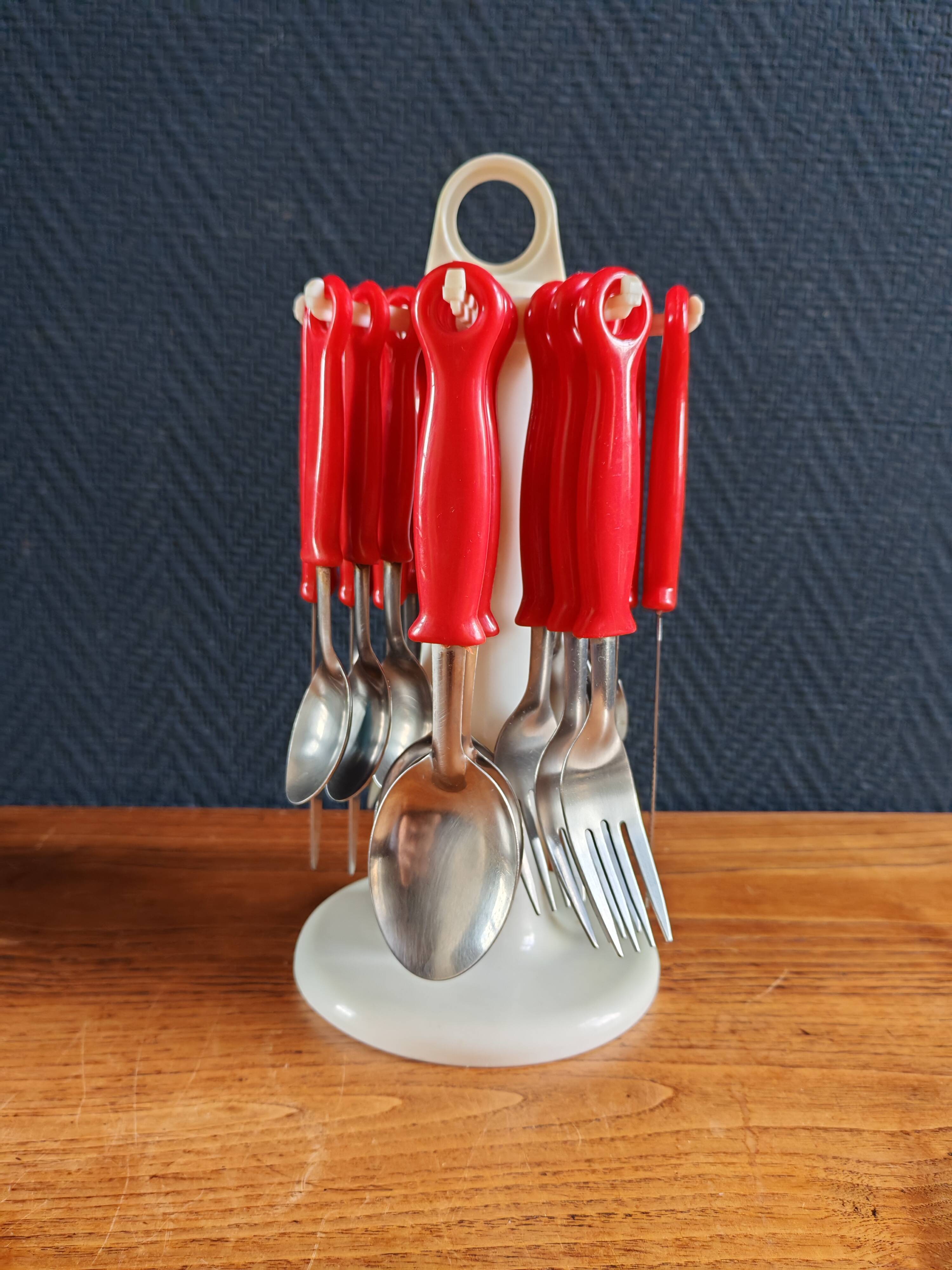 Vintage Pop Art Cutlery Set 1970s - 24 Pieces with Red Handles