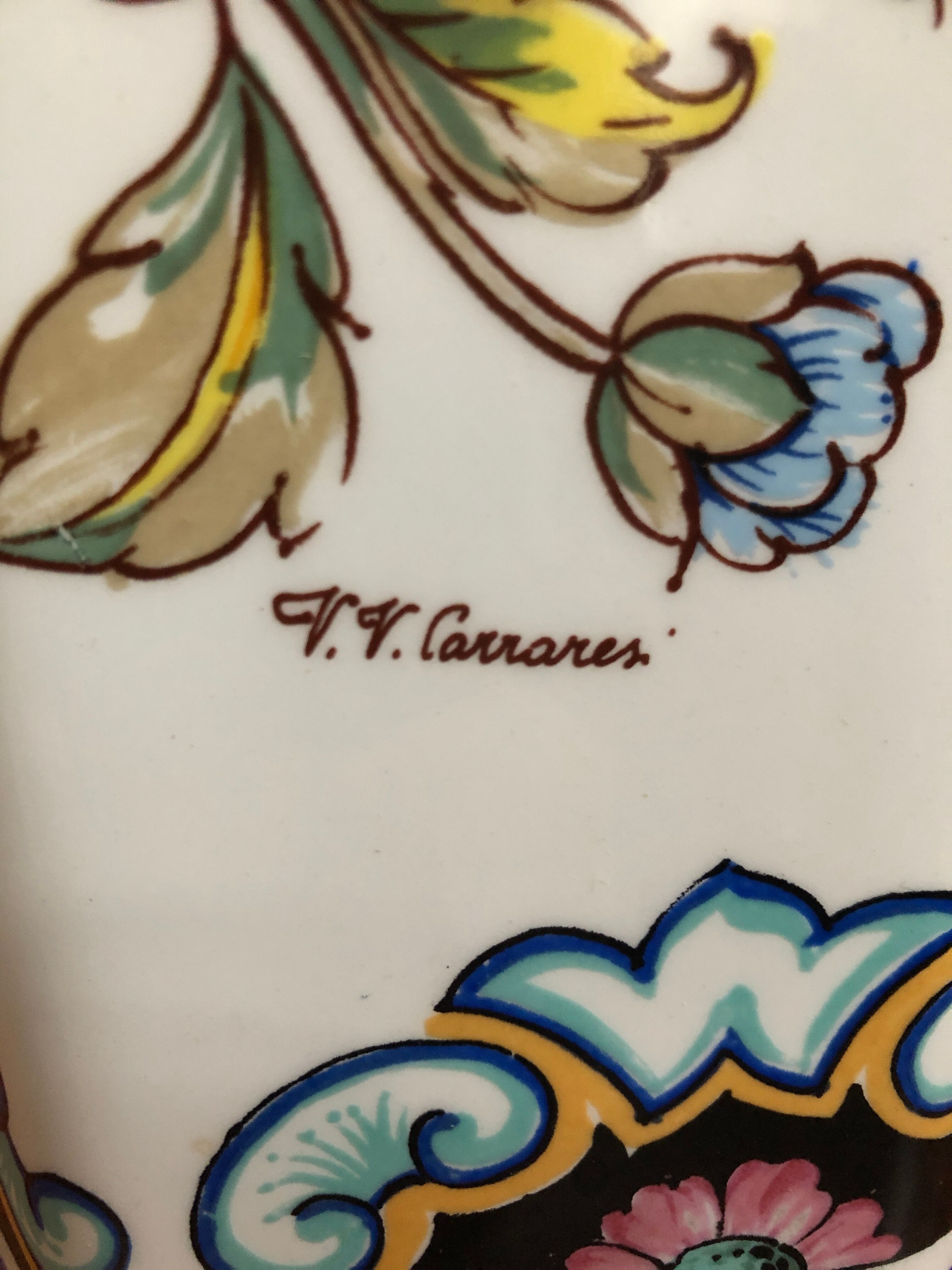 Old hexagonal vase v v carraresi ceramic white decoration flowers vintage