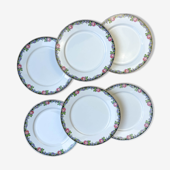6 assiettes plates en porcelaine opaque Digoin motif fleuris "3984"