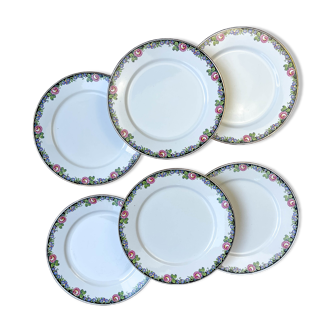 6 assiettes plates en porcelaine opaque Digoin motif fleuris "3984"