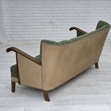 Canapé danois 3 places des années 1950, tissu en laine d'ameublement vert/beige, bois de chêne.