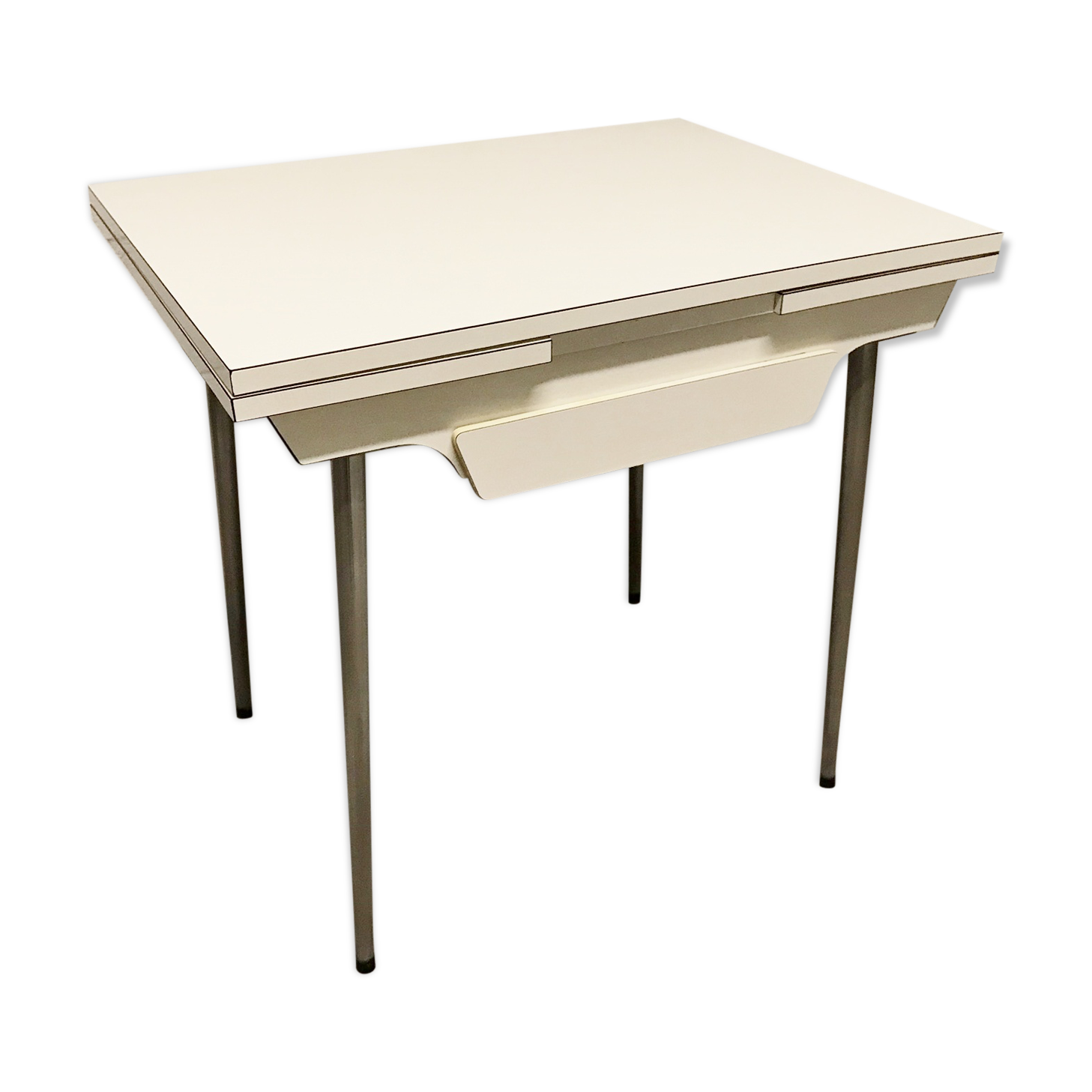 Off-white formica table / 70s cream with a tapered foot drawer