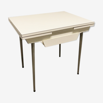 Off-white formica table / 70s cream with a tapered foot drawer