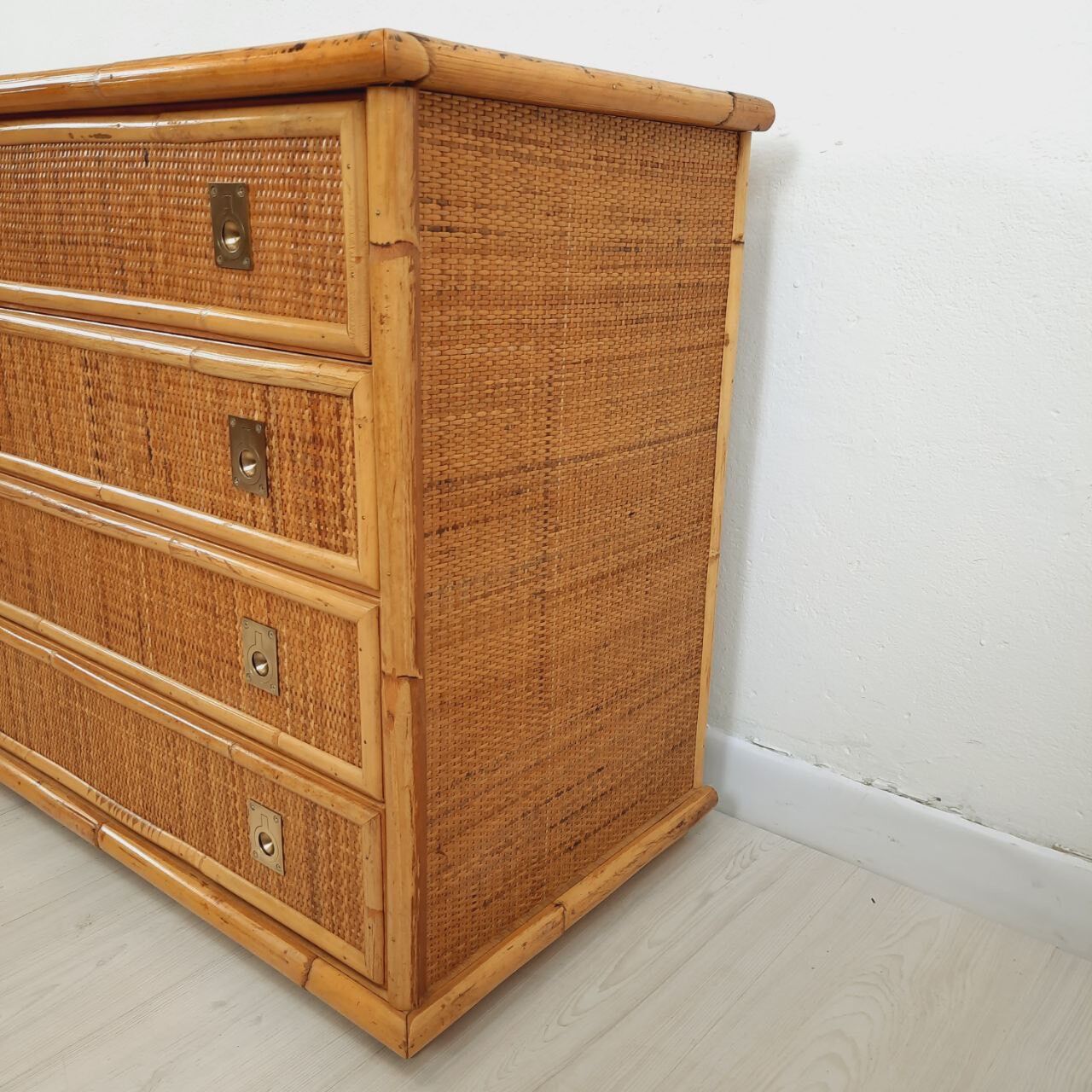 Chest of drawers, dresser, 1960s, Dal vera, bamboo and wicker, brass handles