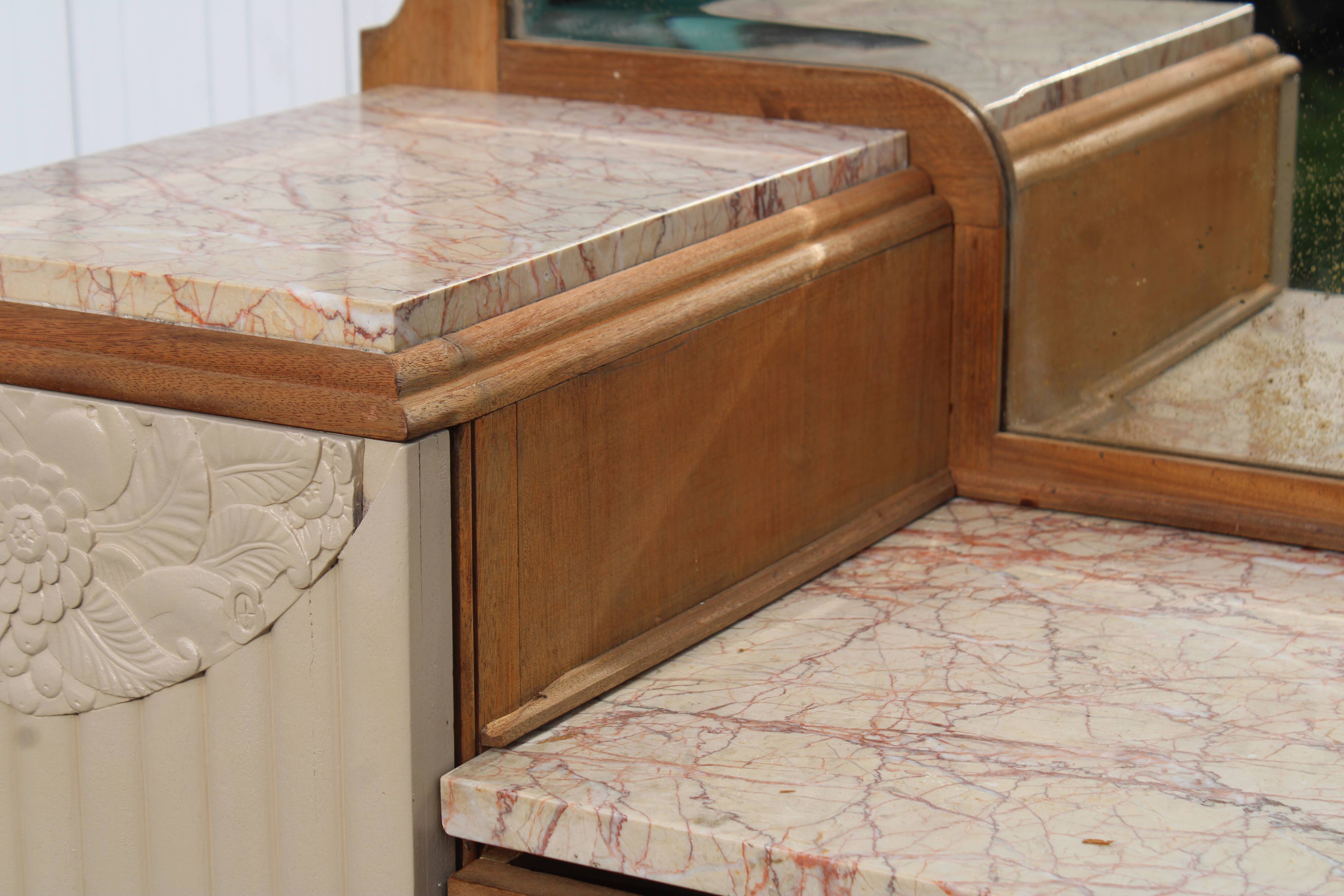 Renovated Art Deco buffet, pink marble and original mirror.
