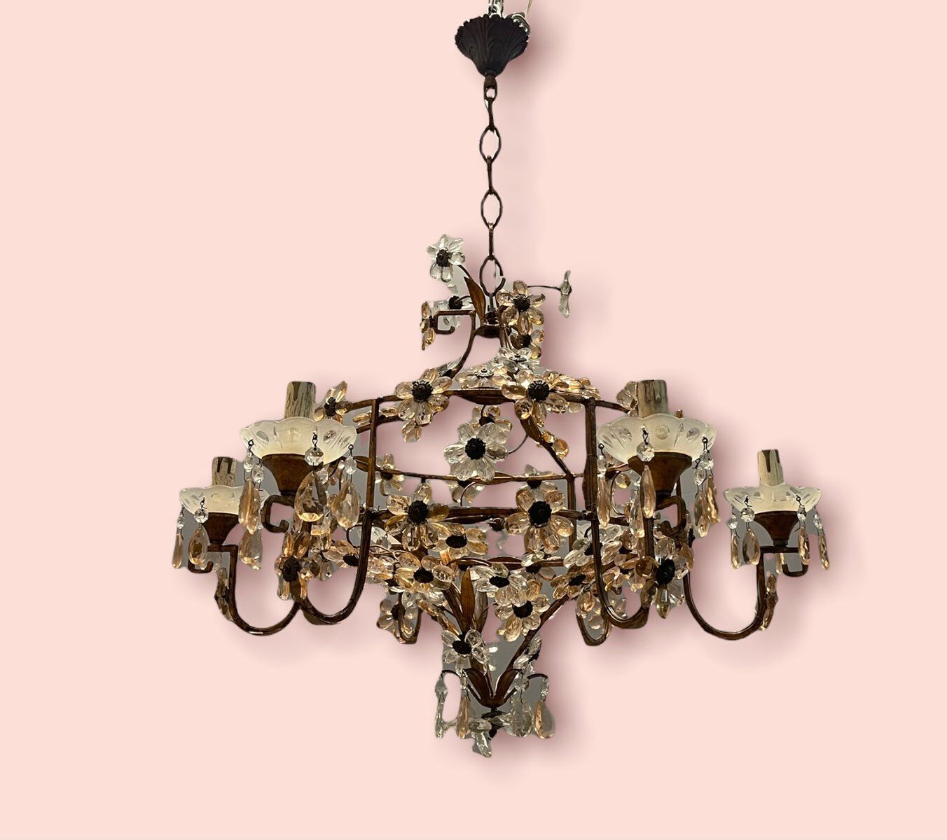 Italian Pink Murano Glass Flower Chandelier, 1950s