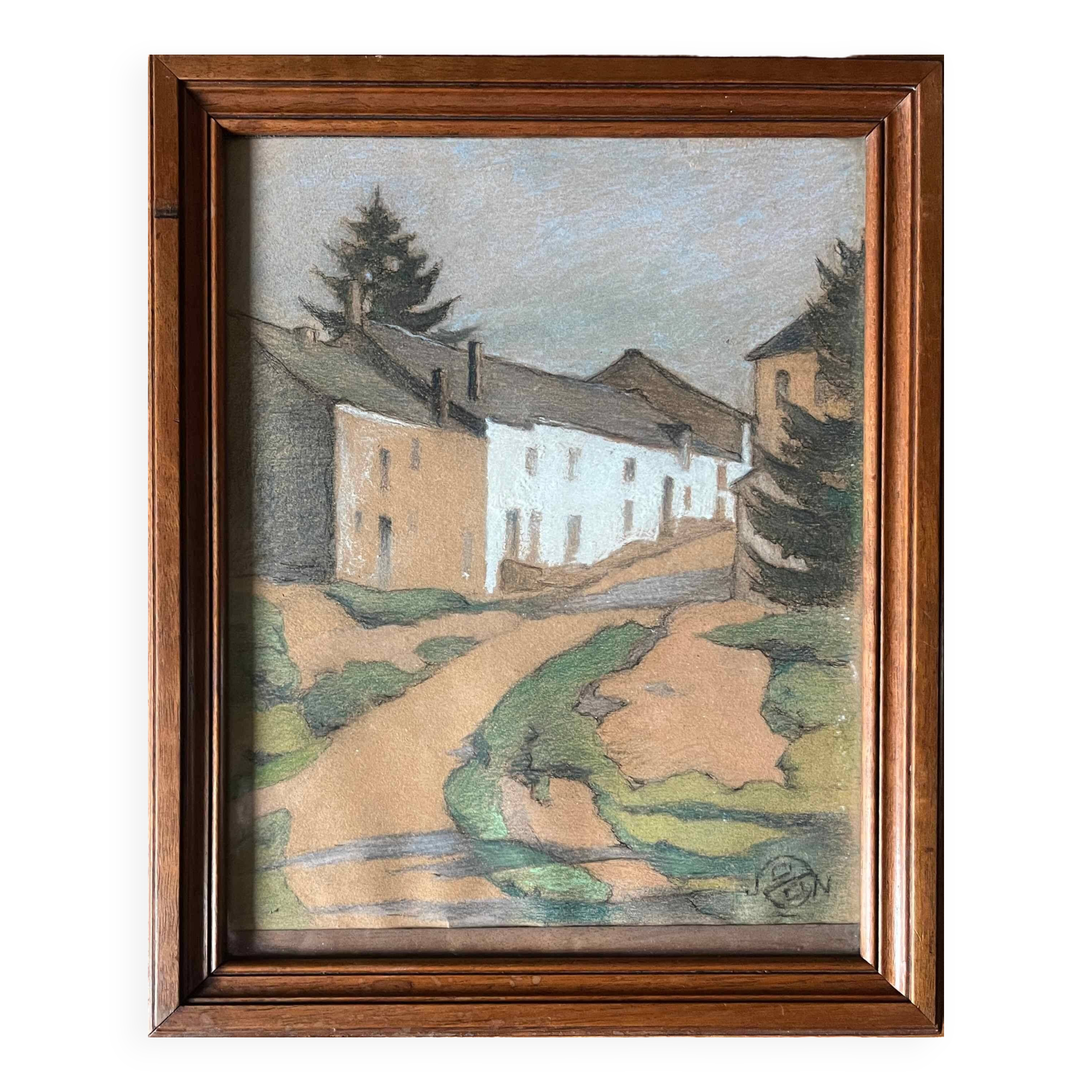 Pastel painting, circa 1930 monogram "Village Street"