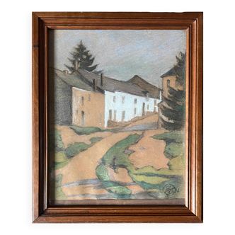 Pastel painting, circa 1930 monogram "Village Street"