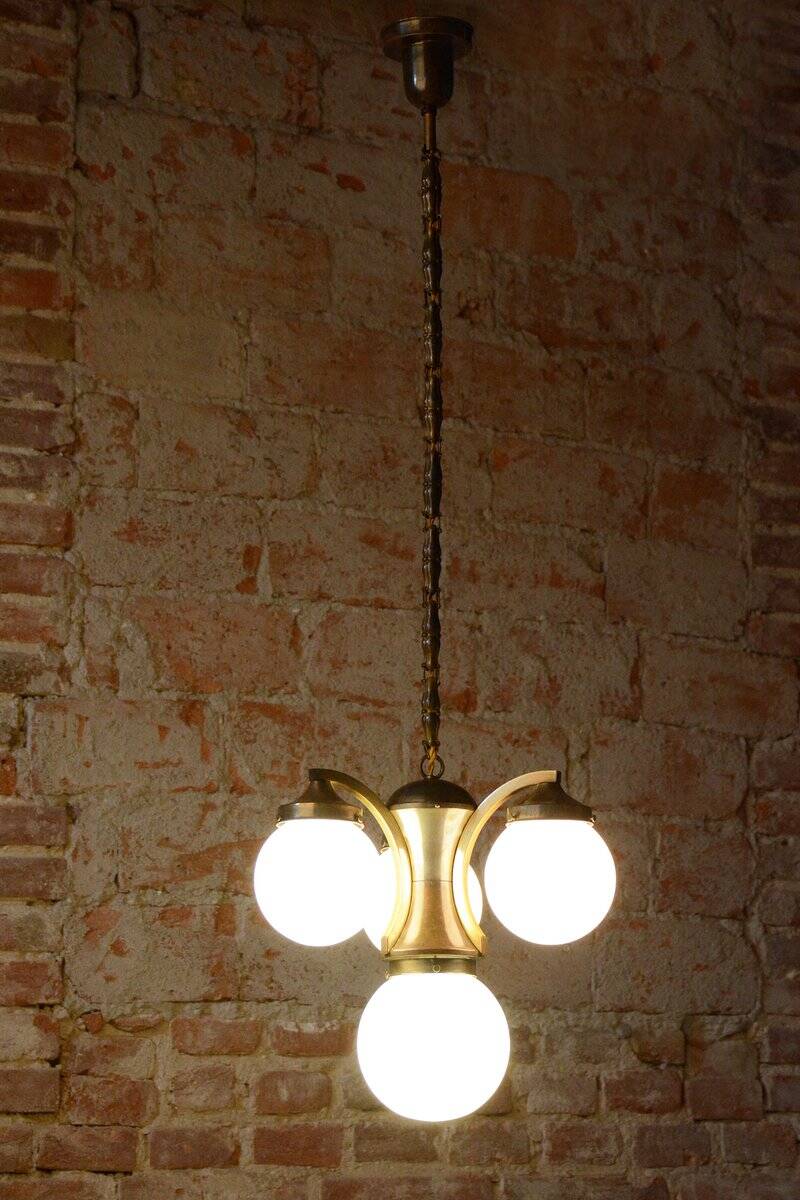 Art Deco Dissociative Chandelier in Brass and Opaline Glass, Czech, 1920s