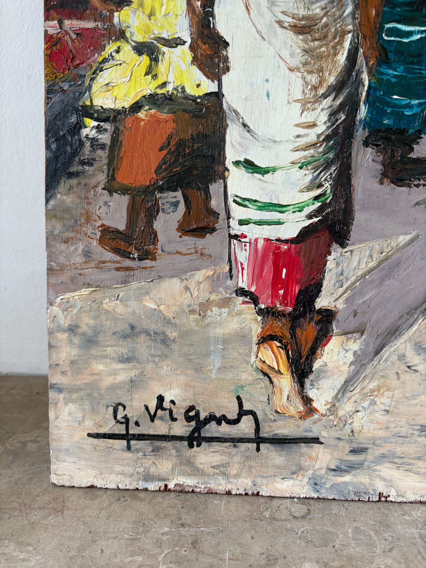 Market in Dakar, oil on panel signed G Vignesoult.
