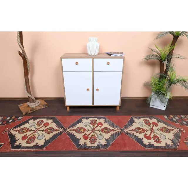 Vintage Turkish Oushak Handmade Wool Cotton Red Runner Rug 73x330