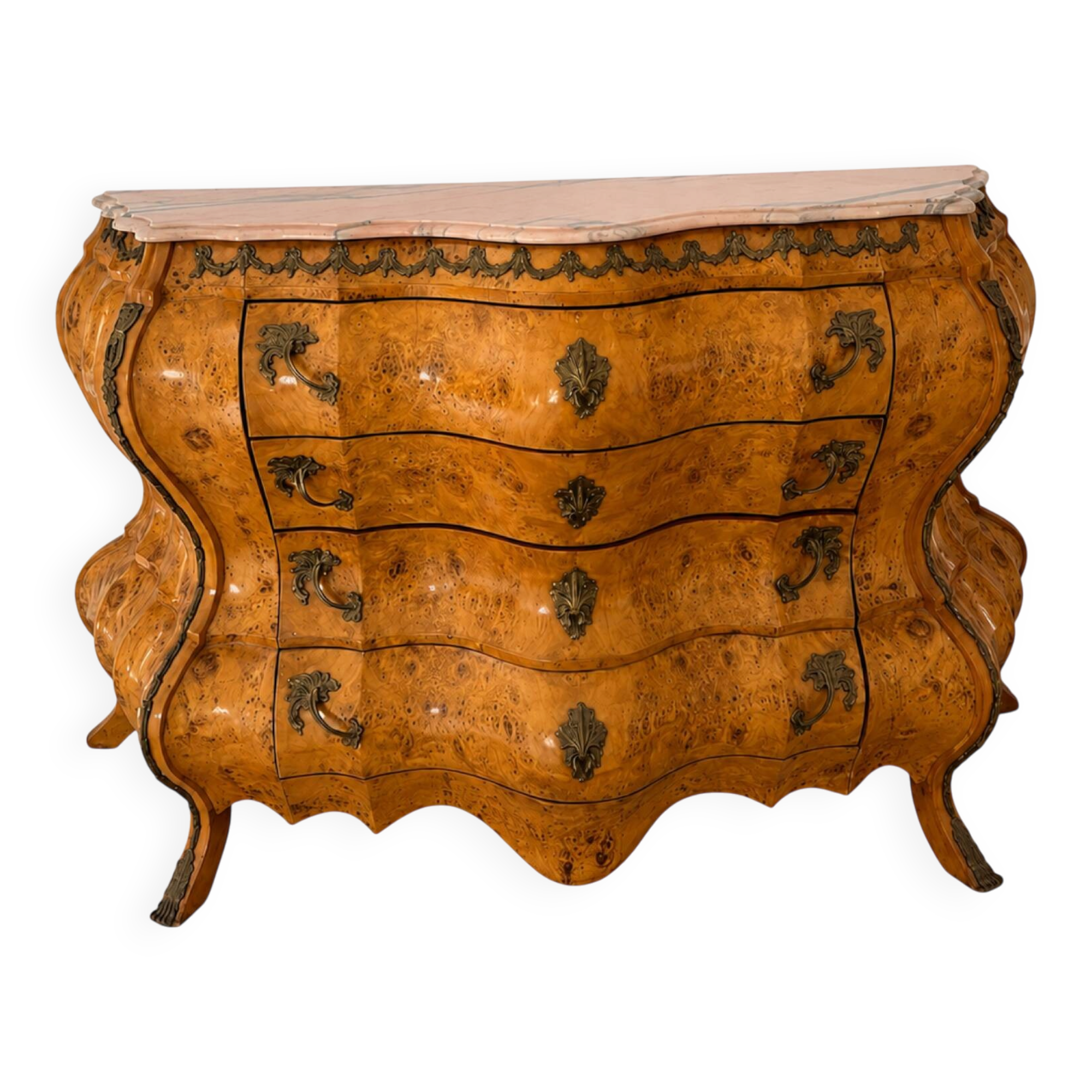 Grande commode bombée Louis XIV/Régence en loupe, bronze & marbre rose