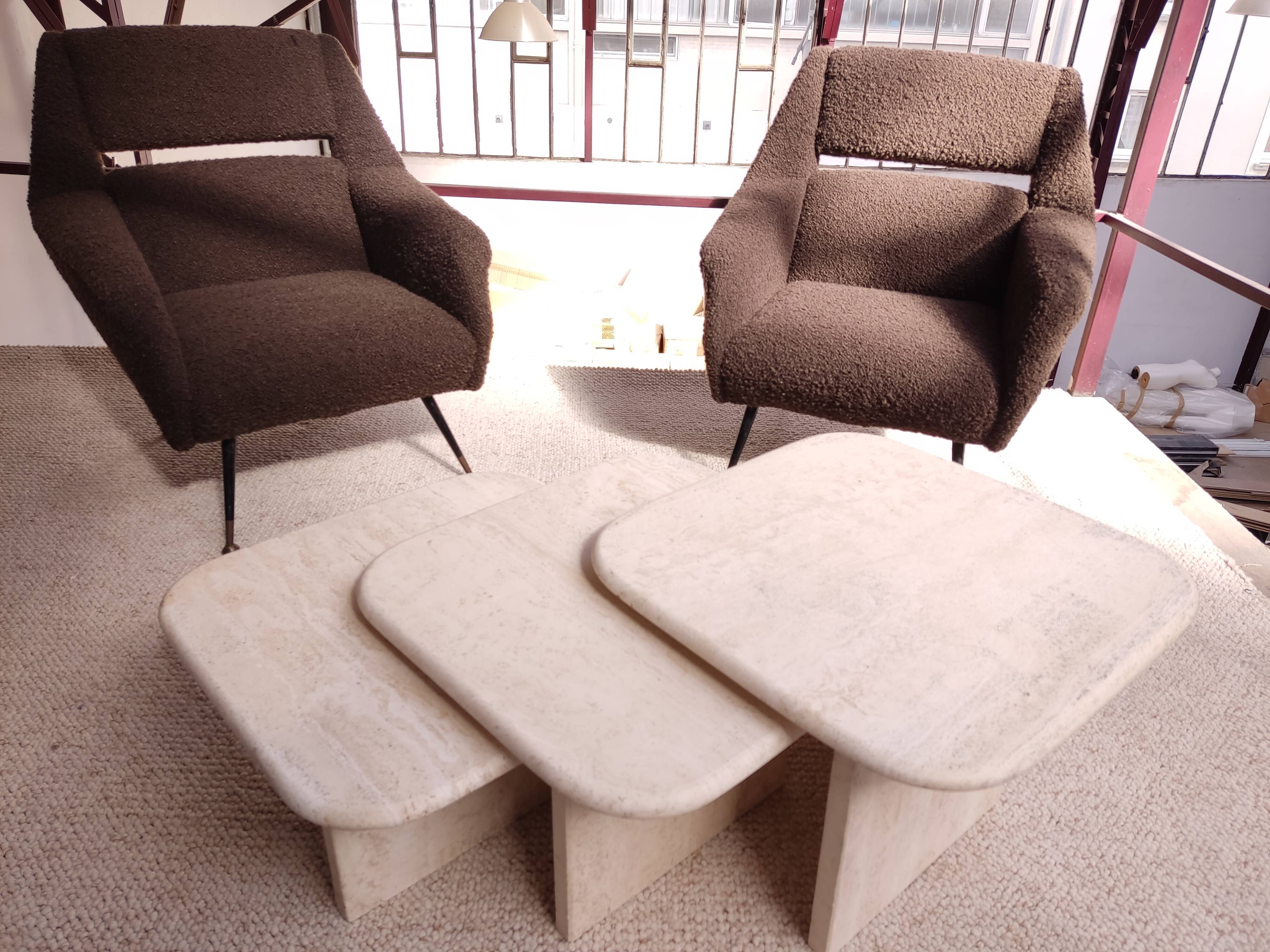3 travertine trundle tables 1970