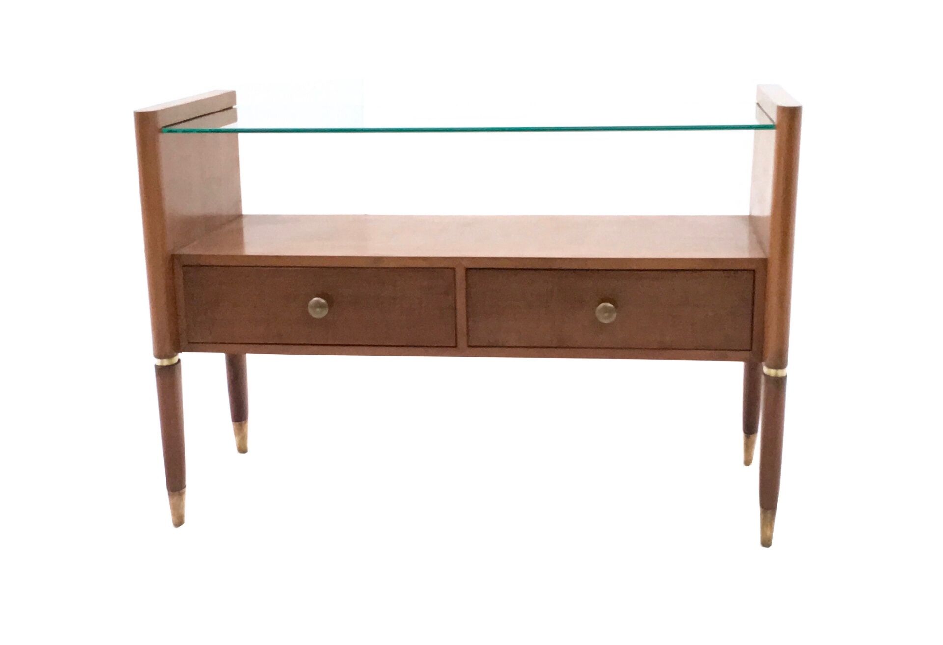 Vintage walnut nightstand with a glass top and brass details, Italy