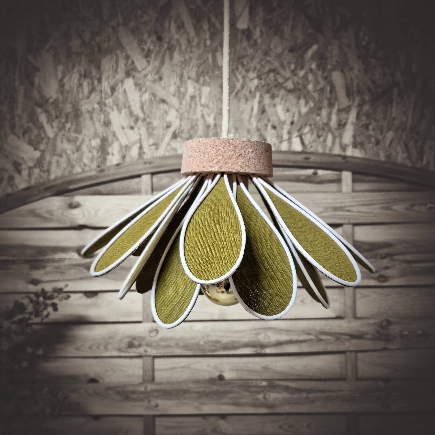 Iris flower pendant, 16 petals in olive green rattan and linen.