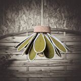 Iris flower pendant, 16 petals in olive green rattan and linen.
