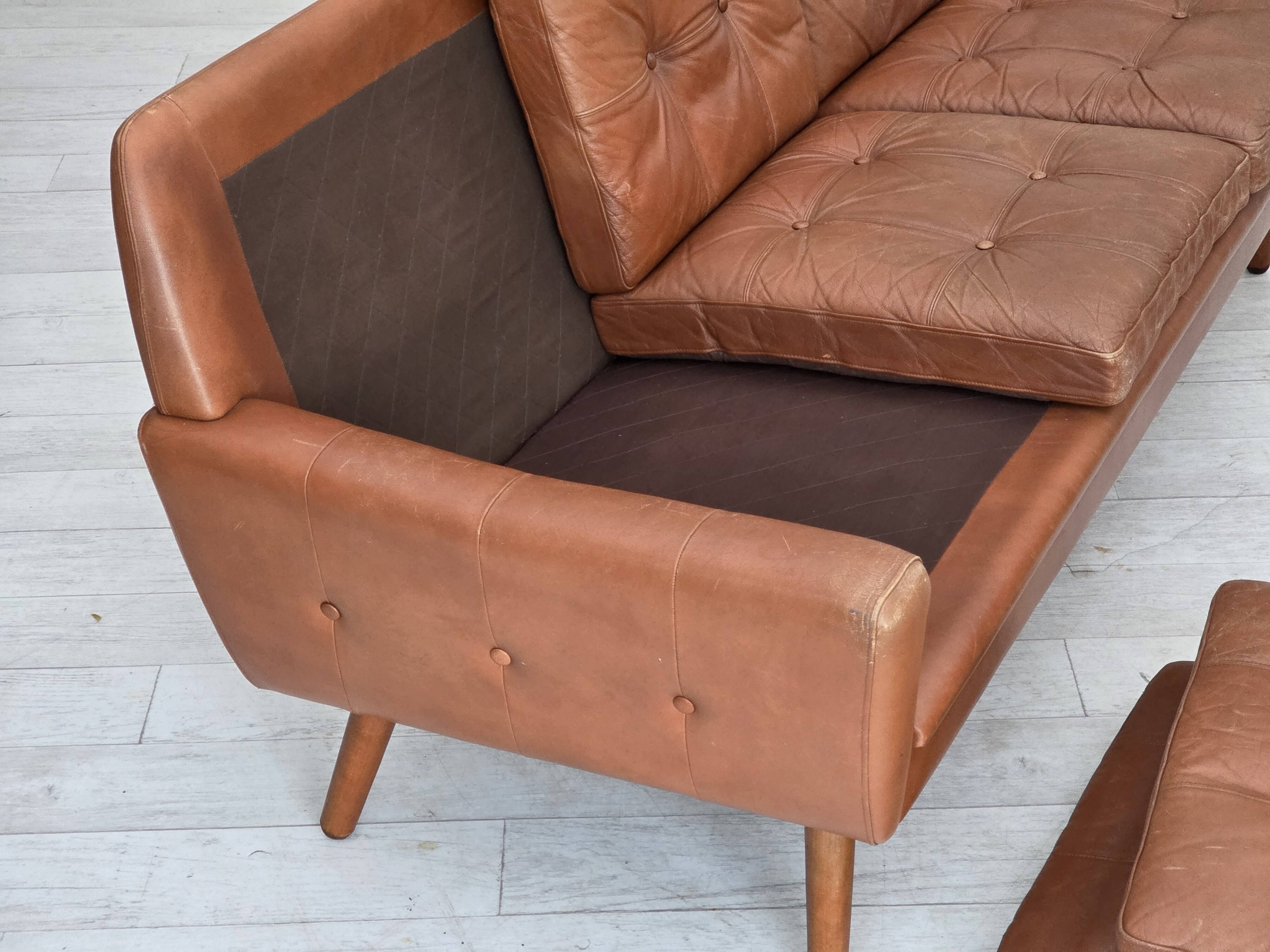1970s, 3-seater Danish sofa, brown furniture leather with patina.