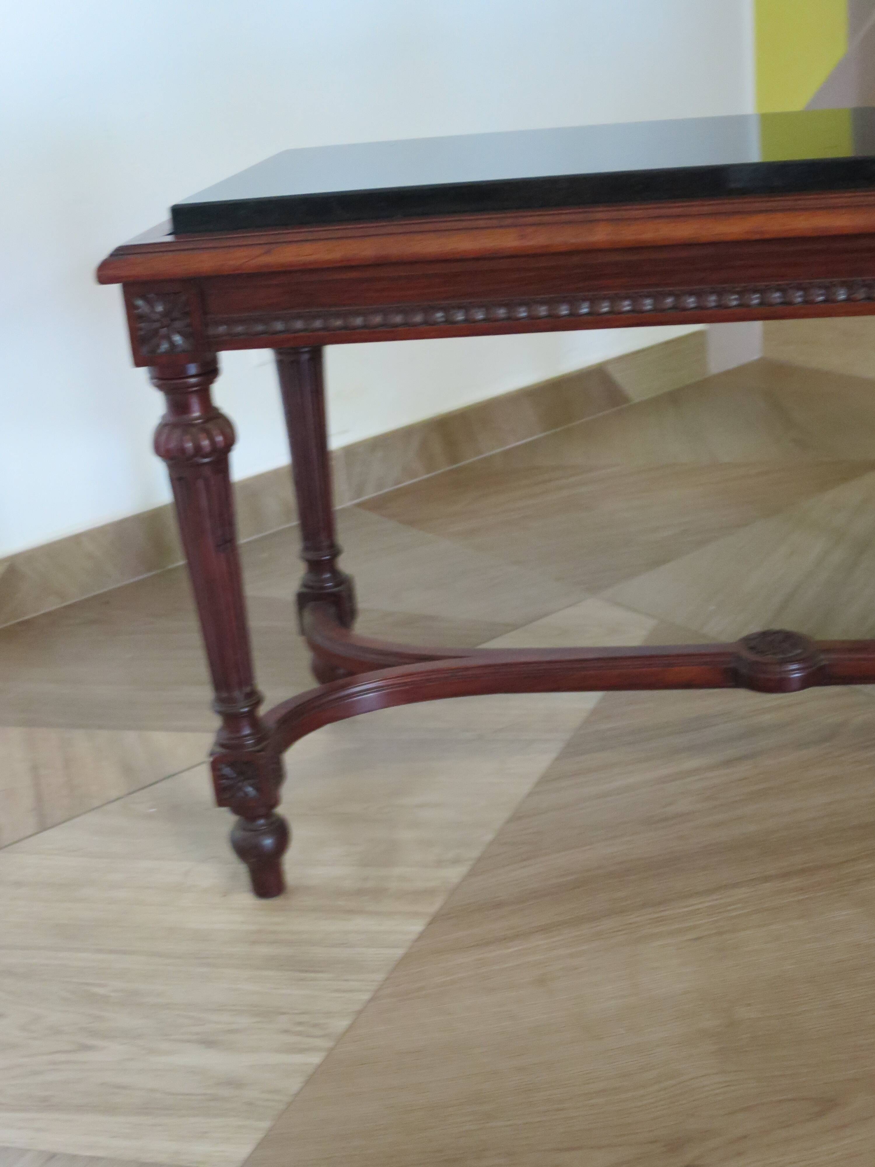 Coffee table - black marble top - Louis XIII style - H-shaped crossbar base