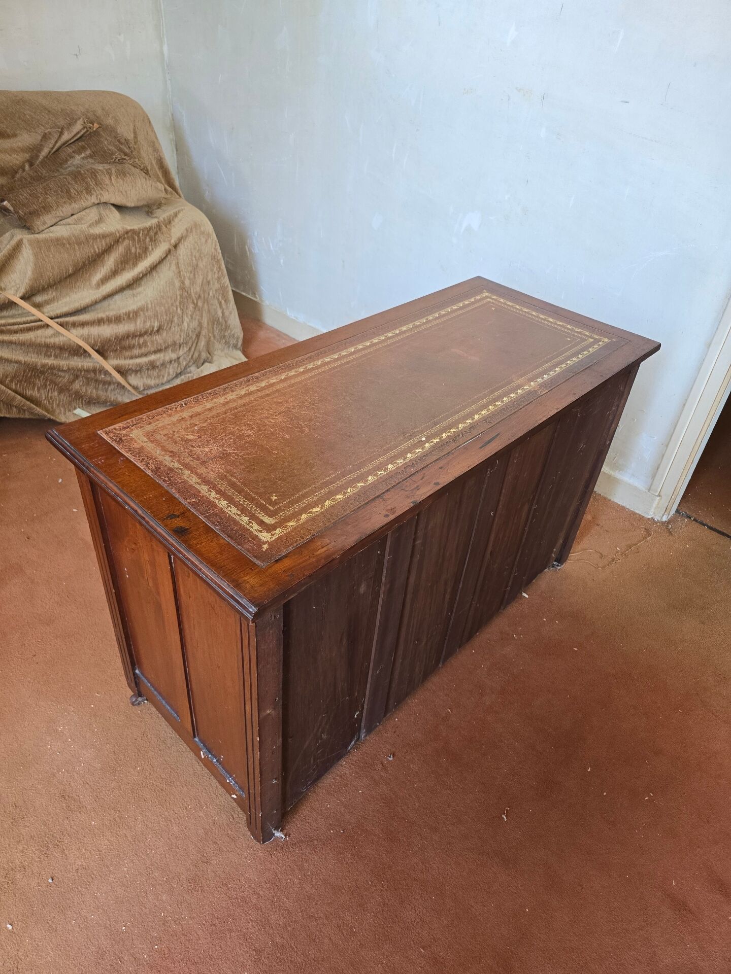 Antique wooden commode, gilded leather, 114cm