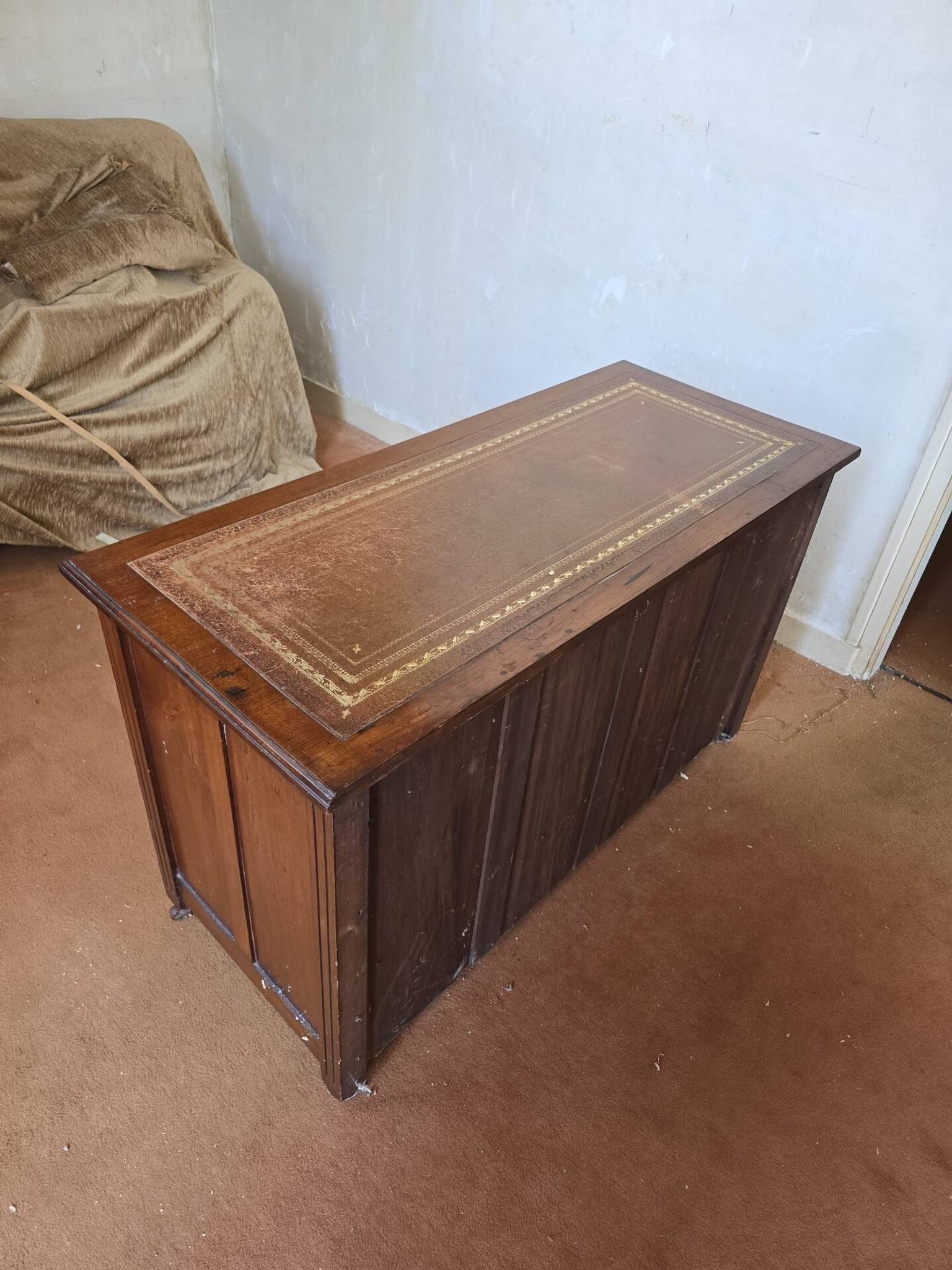 Antique wooden commode, gilded leather, 114cm