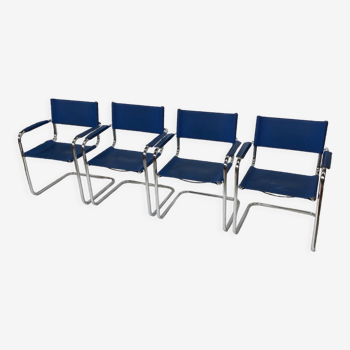 Lot de 4 chaises cantilever bauhaus bleu simili cuir design et chrome