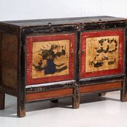 Antique lacquered pine buffet with painted lotus motifs – China, circa 1920