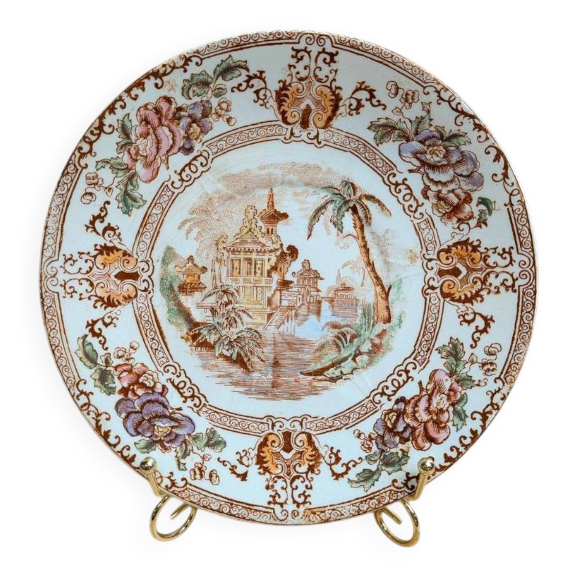 Antique plate Terre de fer Longwy Cyprus model – Japonese floral decoration
