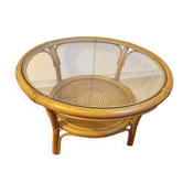 Vintage Round Coffee Table in rattan with glass top and caning