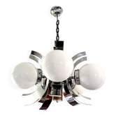 Lustre Space age 5 globes opaline chrome et bois
