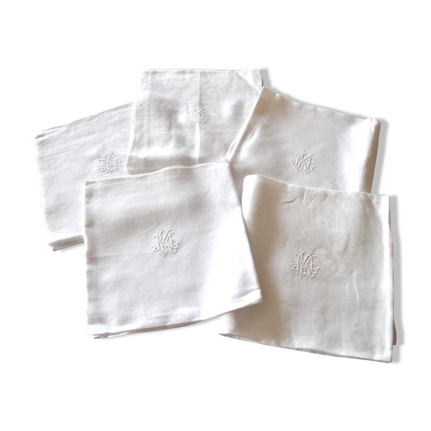 Set of 5 vintage towel towels in damask cotton embroidered monogram MK 75x75