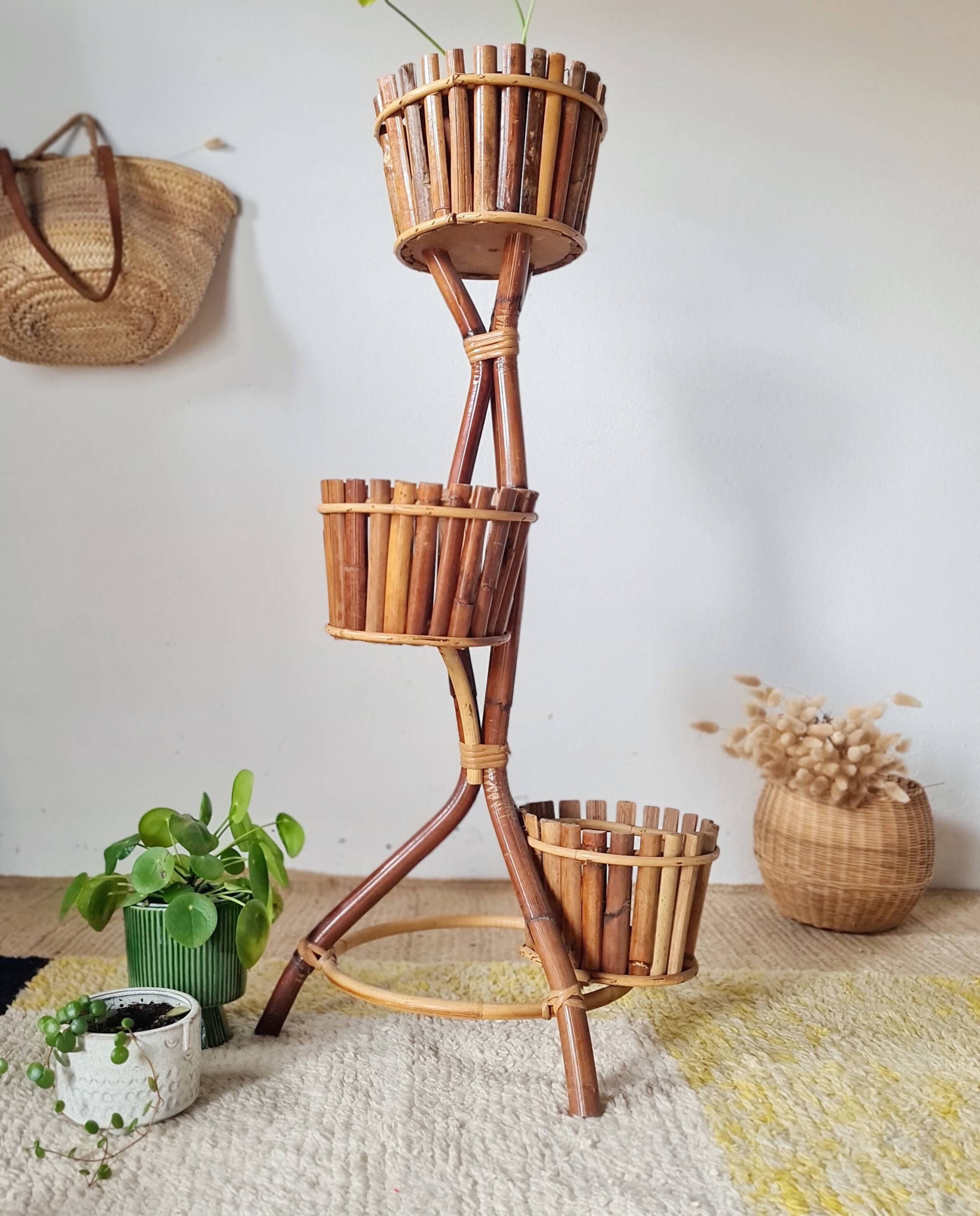 Vintage 3-tier plant stand in bamboo and rattan