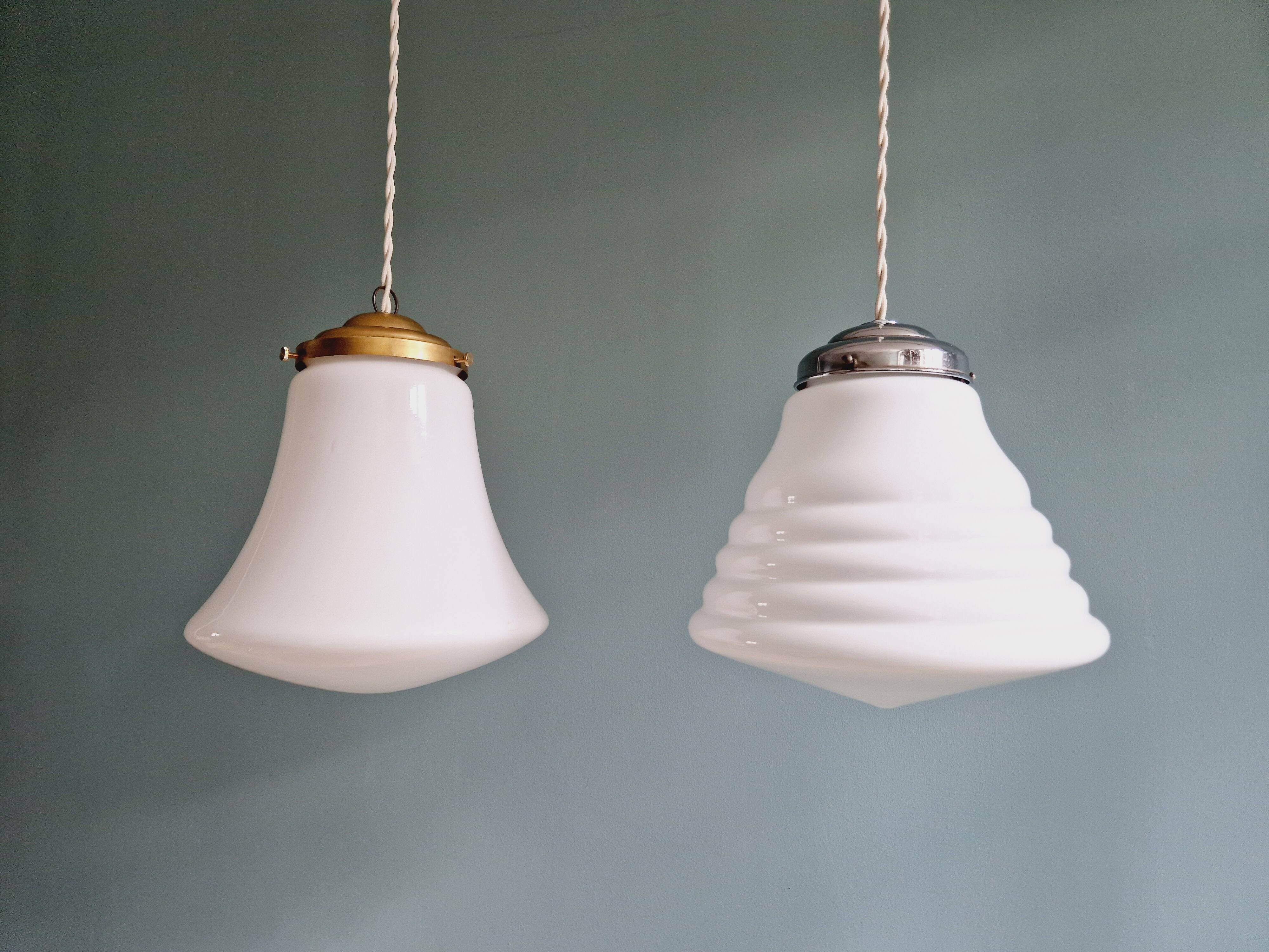 Vintage bell-shaped white opaline pendant light