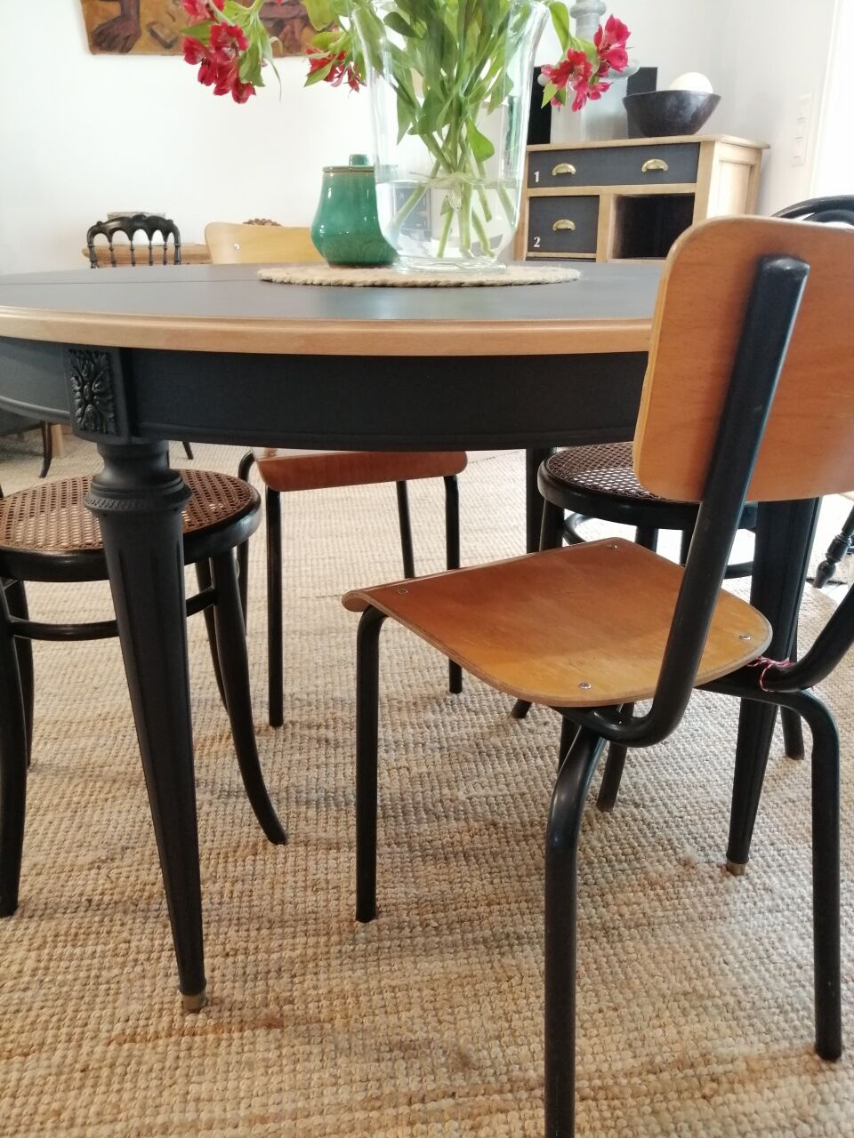 Series of 4 wooden and metal school chairs