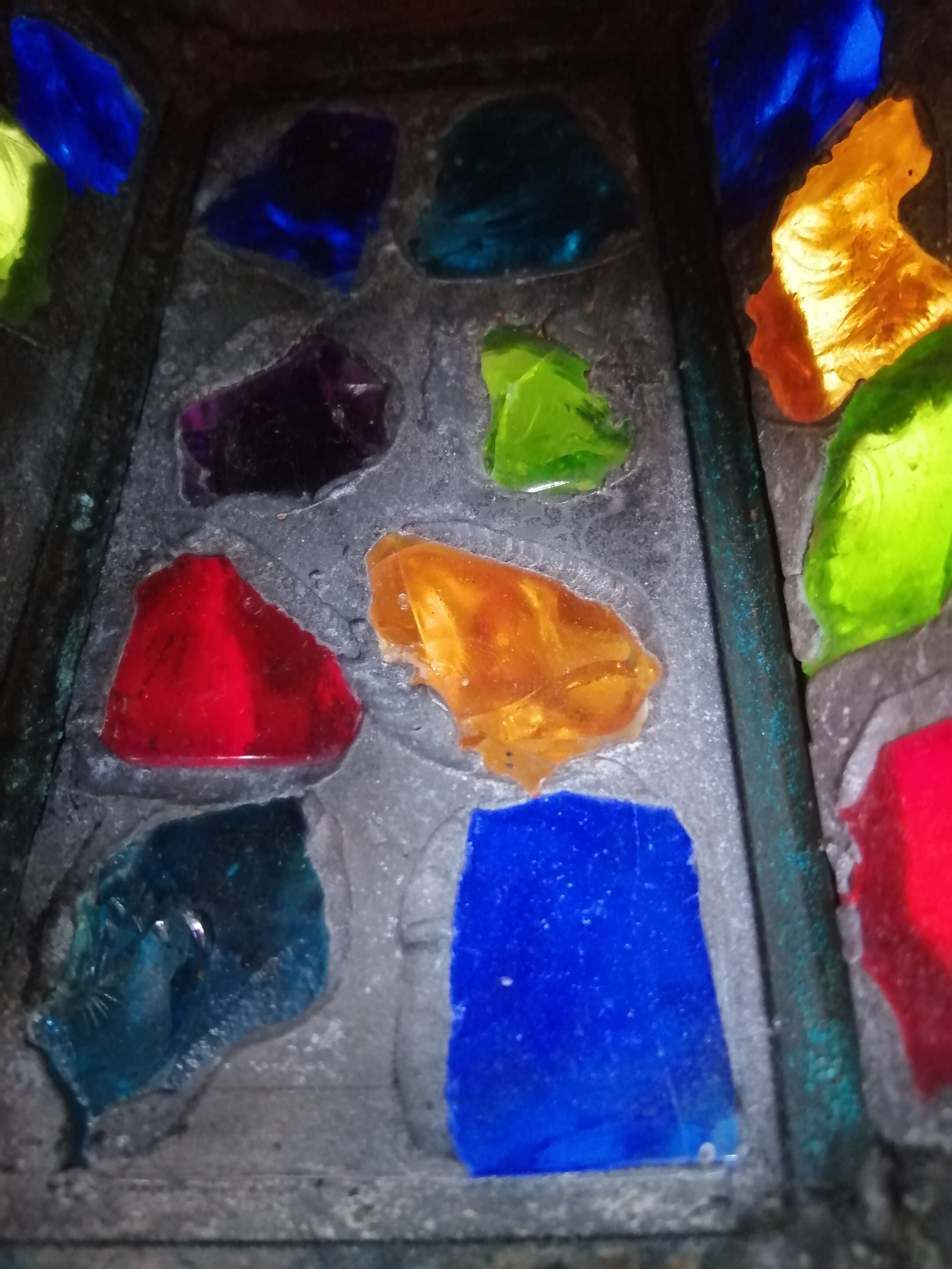 Peter Marsh porch lantern, colored glass, lead and Hammered Sheet metal, 1950s Arts & Crafts