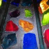 Peter Marsh porch lantern, colored glass, lead and Hammered Sheet metal, 1950s Arts & Crafts