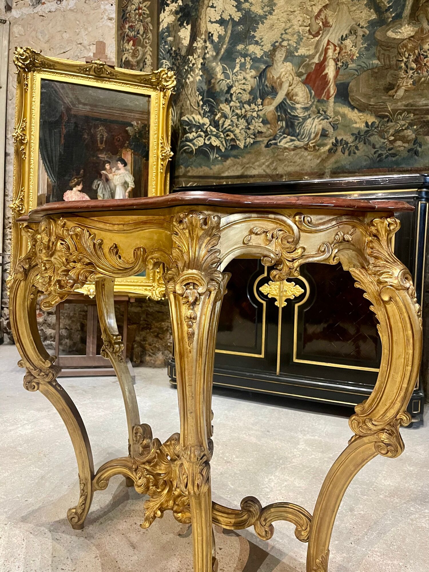 Console 4 legs Louis XV style Gilded wood period Napoleon III Griotte marble top