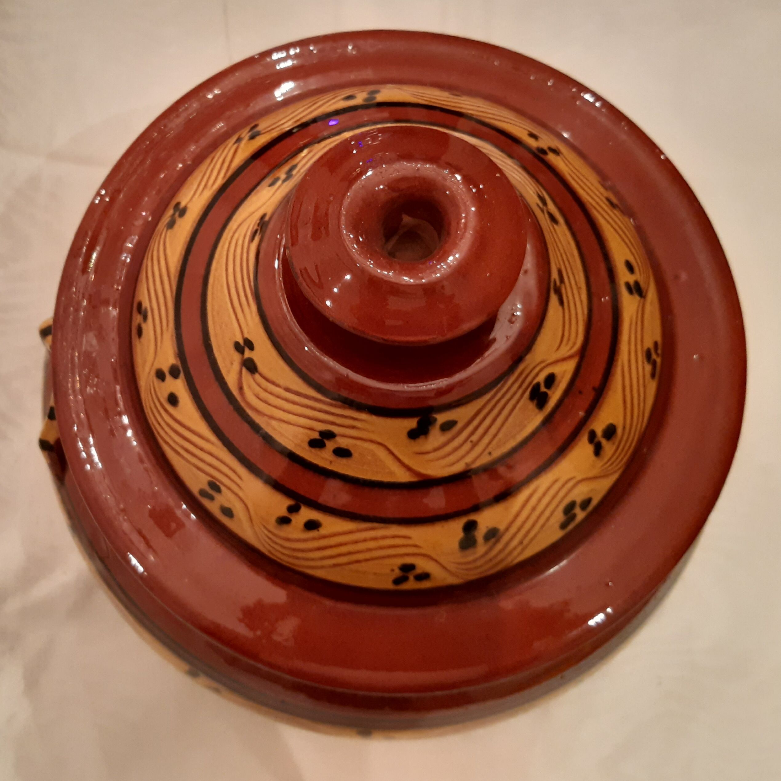 Old glazed terracotta lid jar, 25cm diameter, TBE