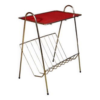 Magazine rack with gold and red metal shelf from the 70s