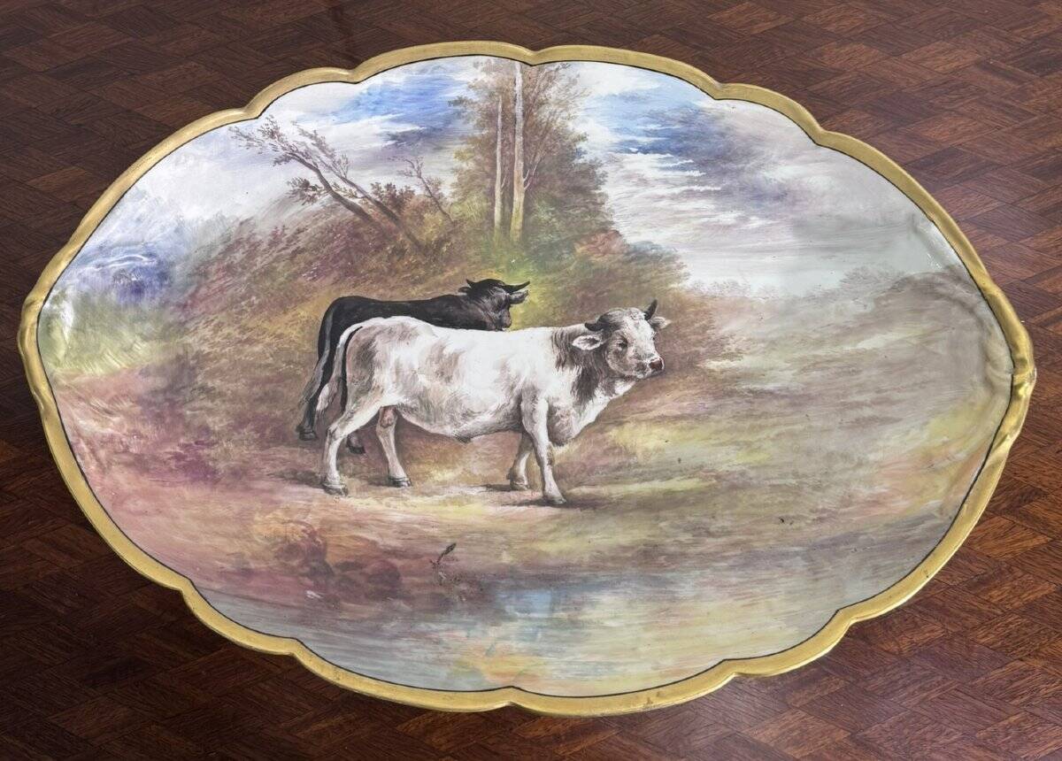 Large decorative plate made of hand-painted porcelain – Countryside scene with cattle