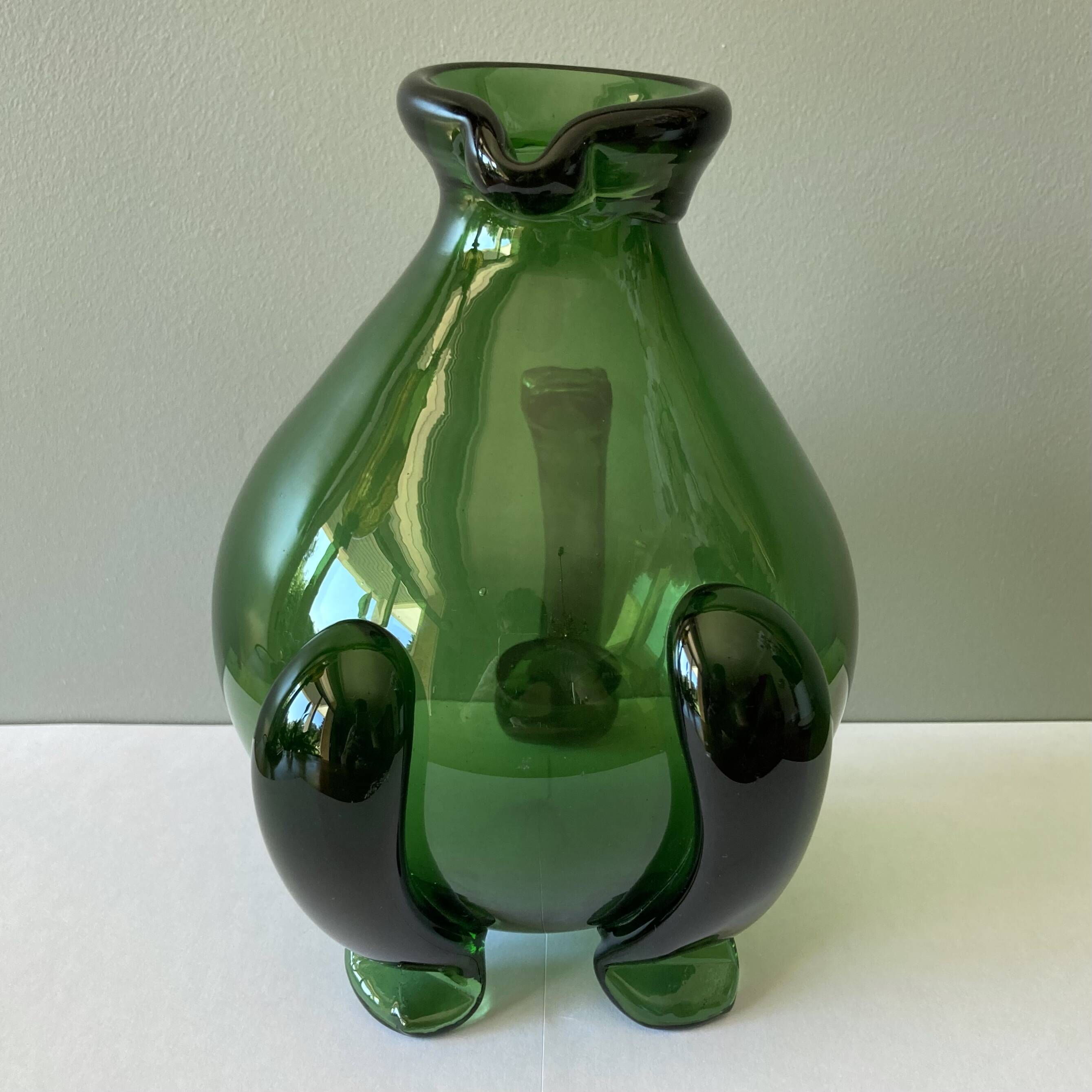 Amazing pitcher; vintage tripod jug or carafe in blown and hot-worked green glass