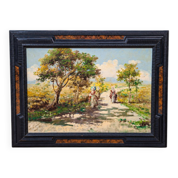 Conti: the walk / Animated landscape of elegant – Oil on canvas signed