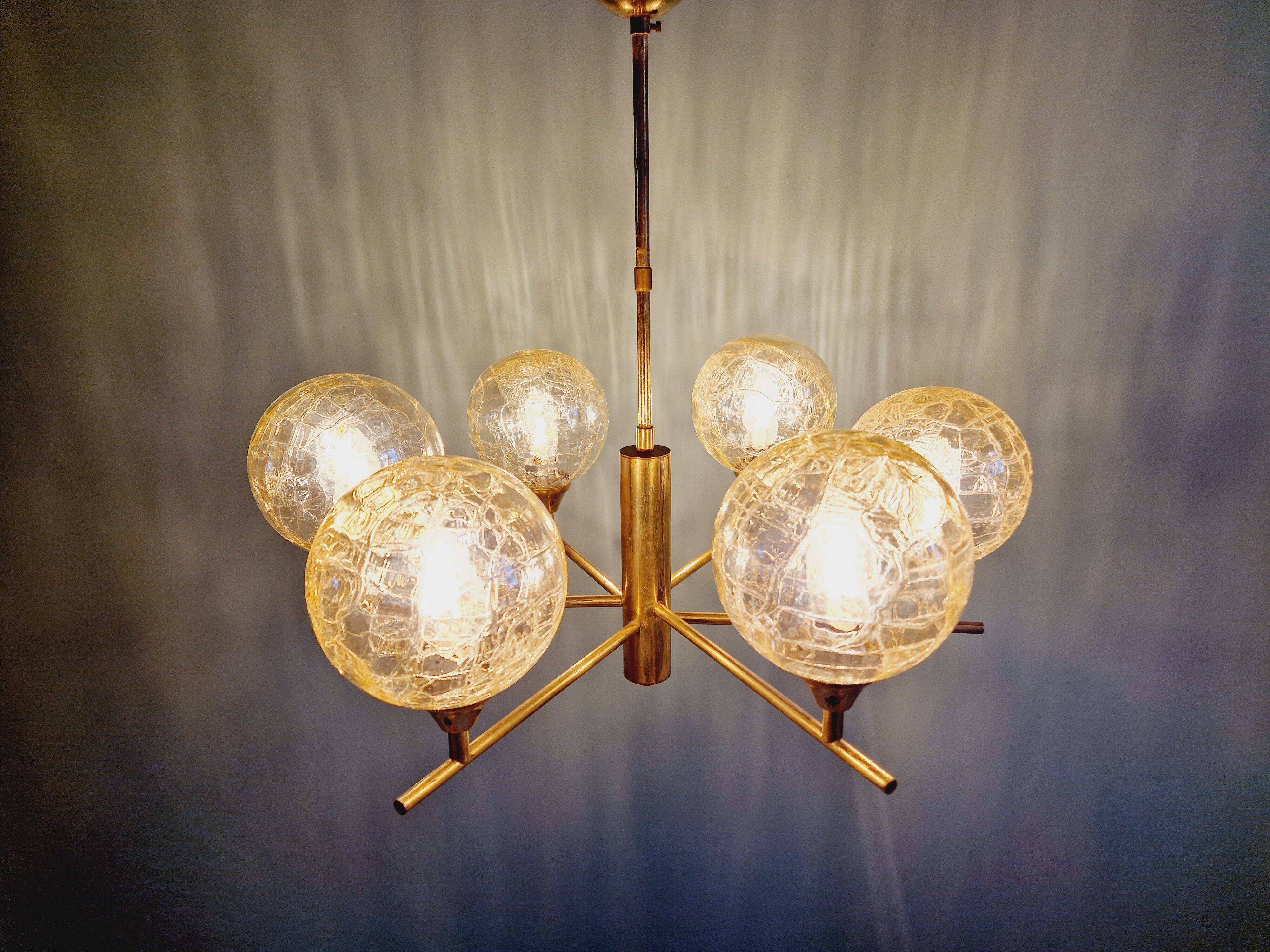 Brass chandelier with amber cracked glass globes, 1950s-60s