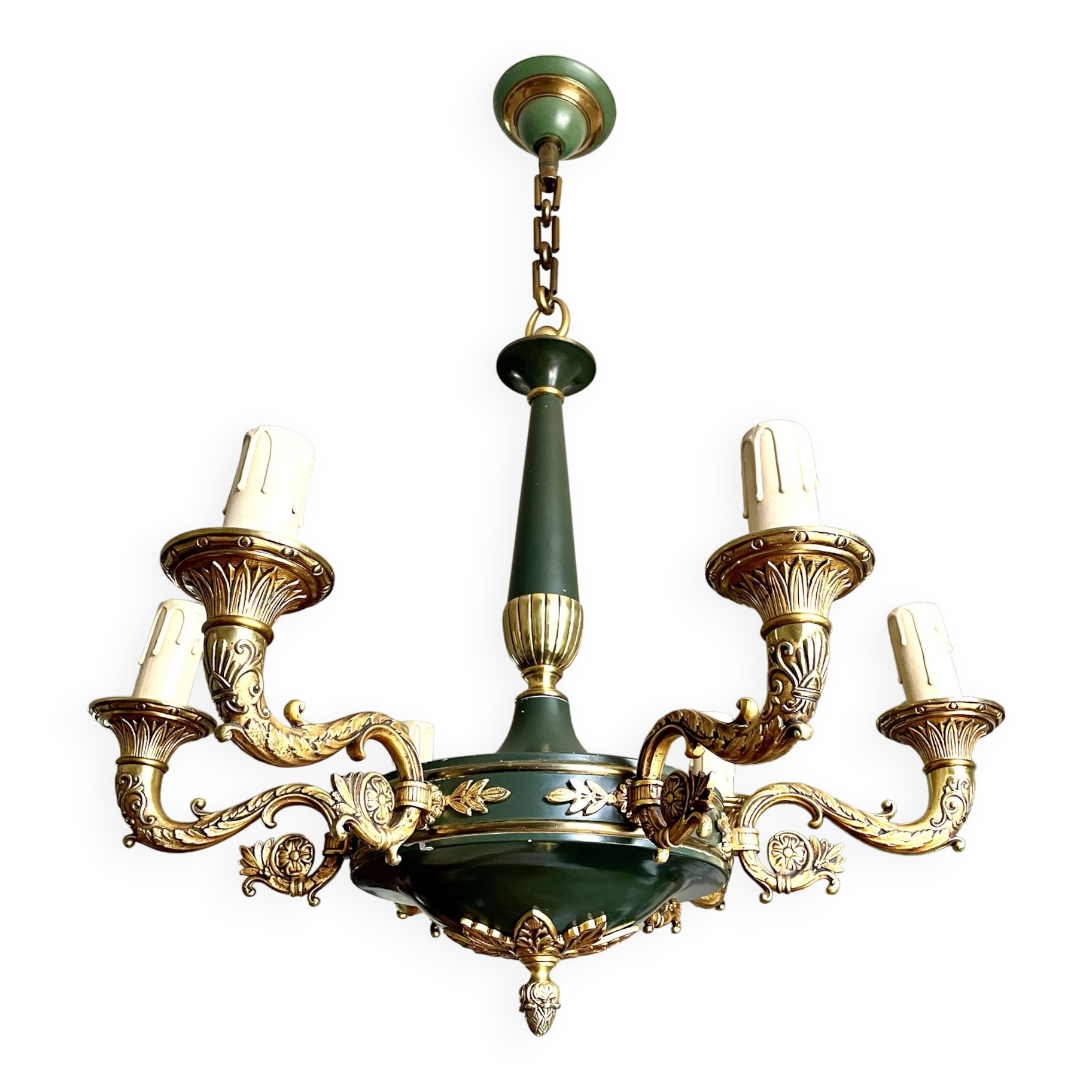 Green and gilded bronze empire chandelier with 6 lights
