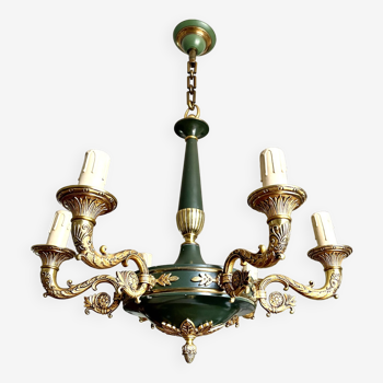 Lustre empire vert et bronze doré à 6 feux